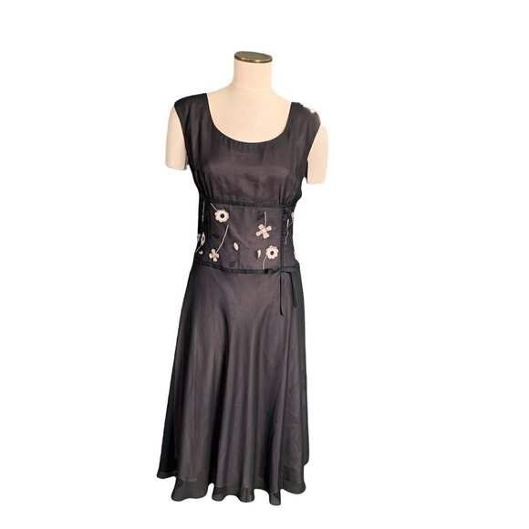 London Times Plus Sz 14 Sheer Black Lined Chiffon Dress Flower Appliqués #224C - Picture 1 of 7